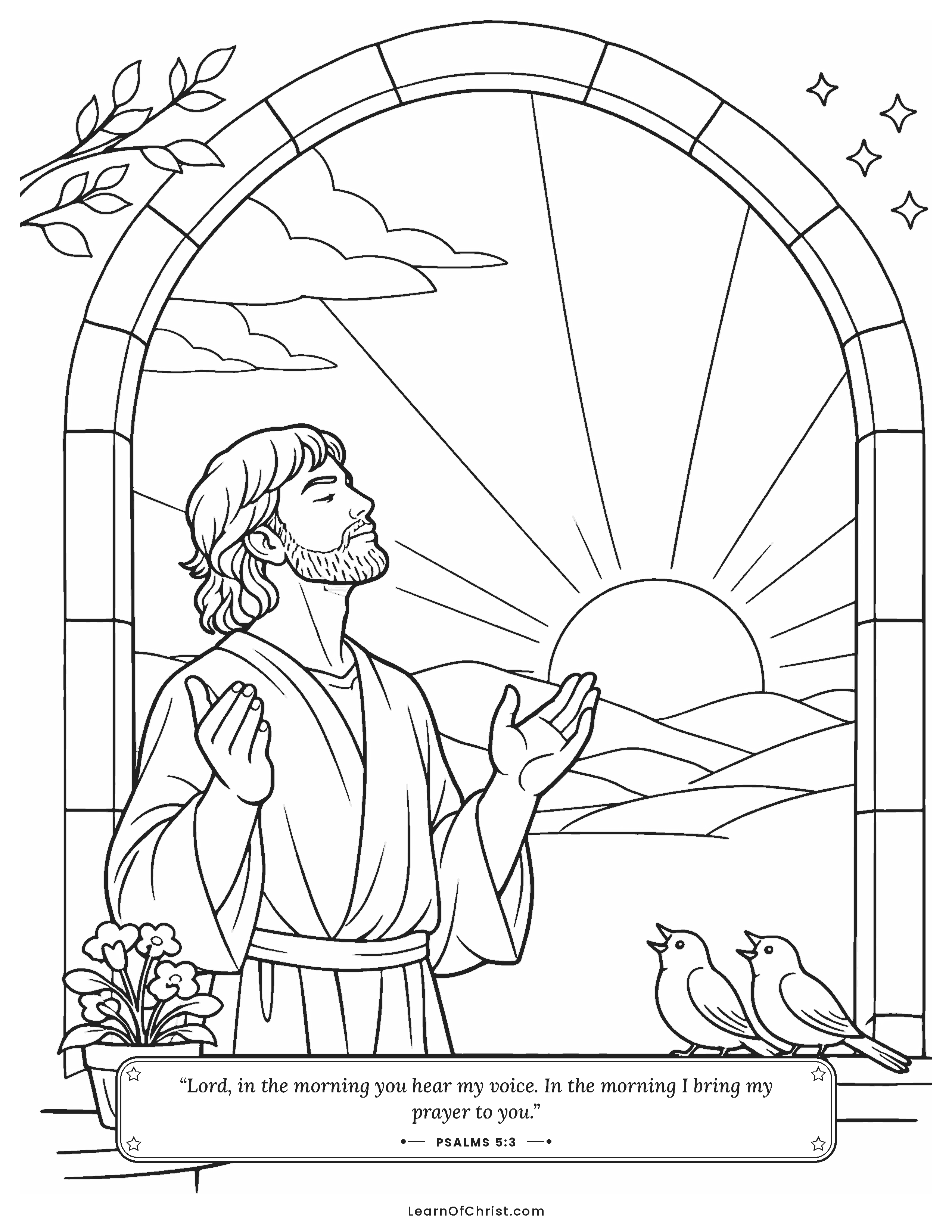 Psalms 5 coloring page - Morning prayer at the open window
