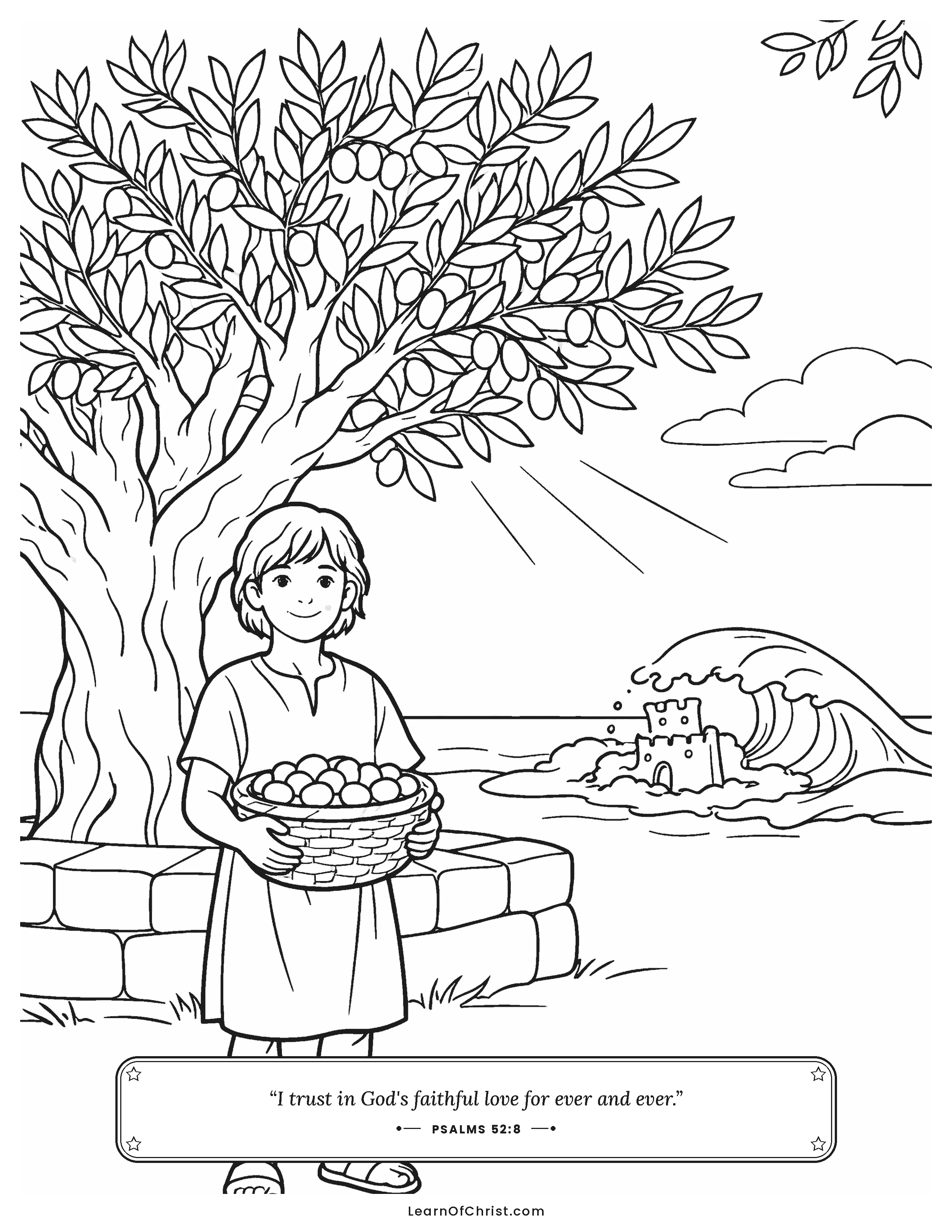 Psalms 52 coloring page - The strong olive tree and the sandcastle