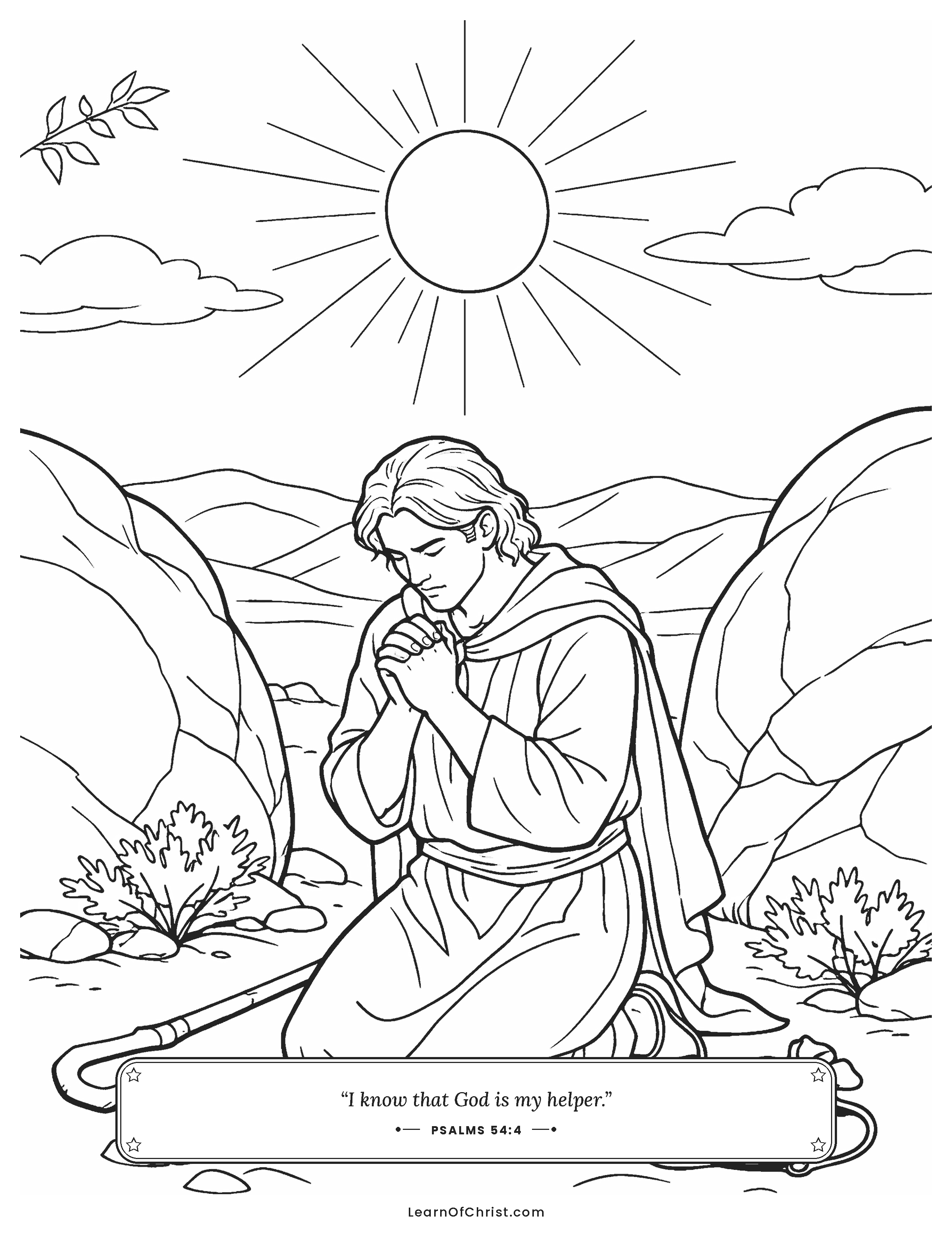 Psalms 54 coloring page - A quick prayer among the desert rocks