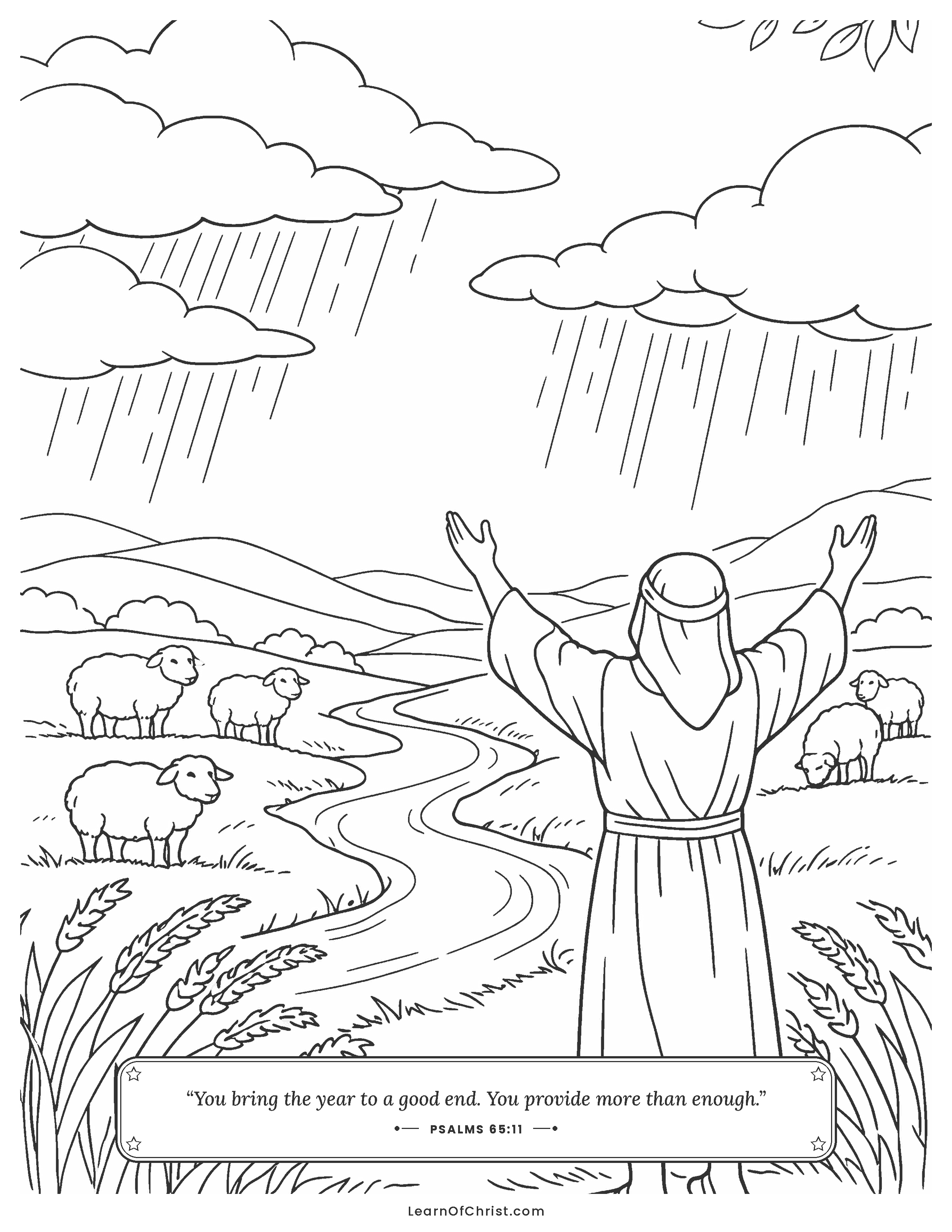 Psalms 65 coloring page - Rain fills the fields with harvest