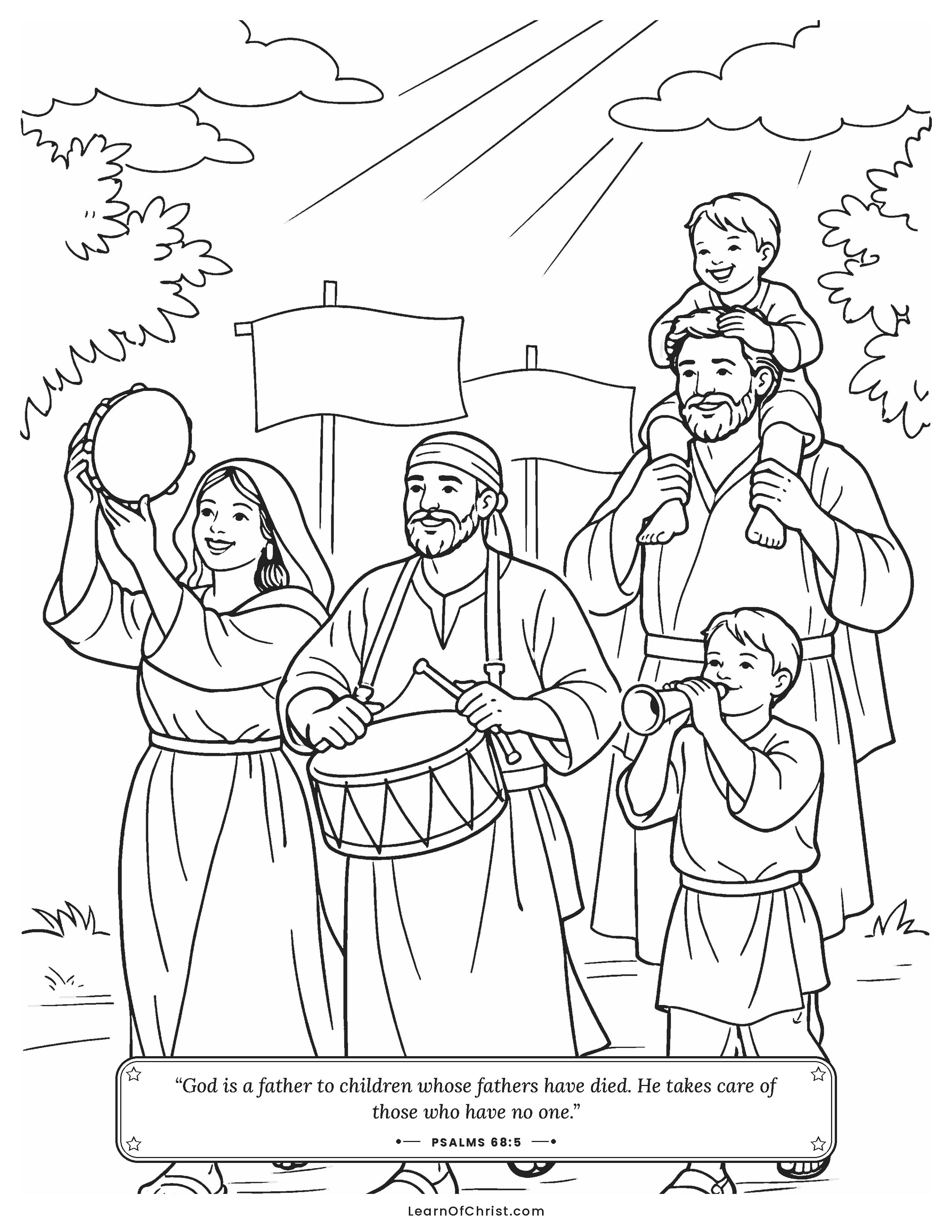 Psalms 68 coloring page - A happy parade of drums and tambourines