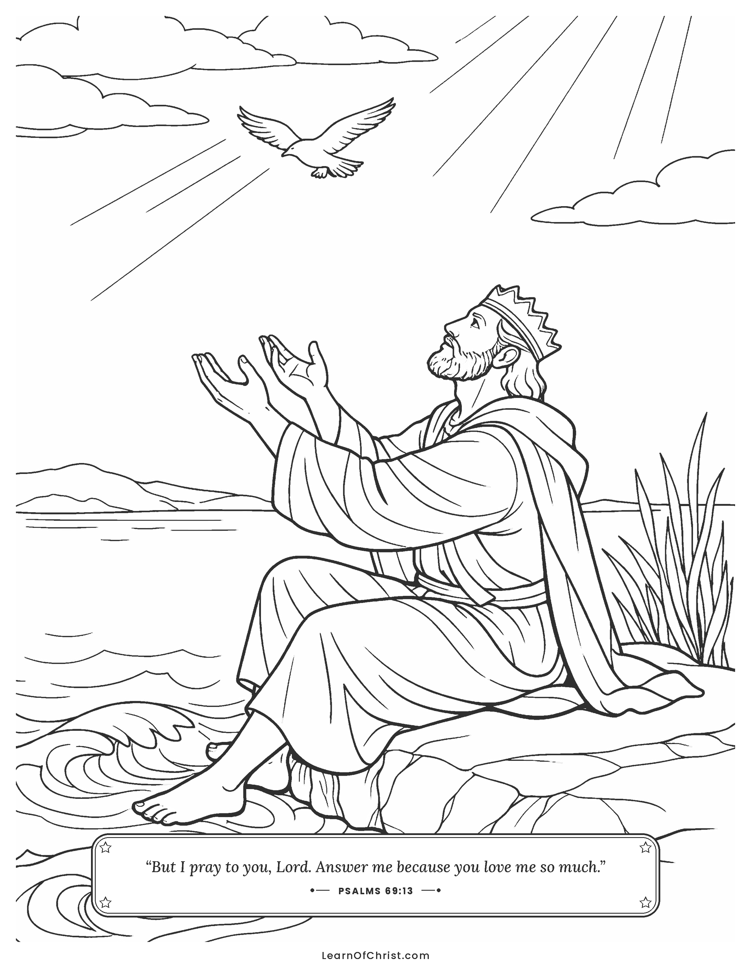 Psalms 69 coloring page - David prays beside the rising waves