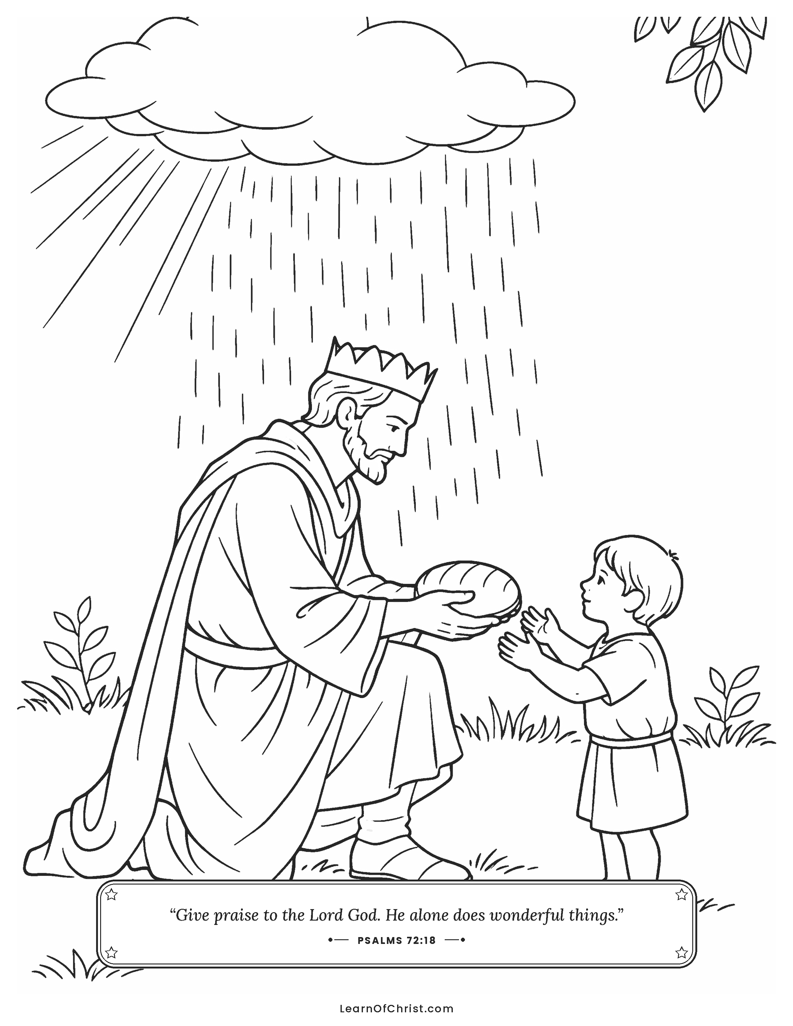 Psalms 72 coloring page - A kind king kneels to help a child
