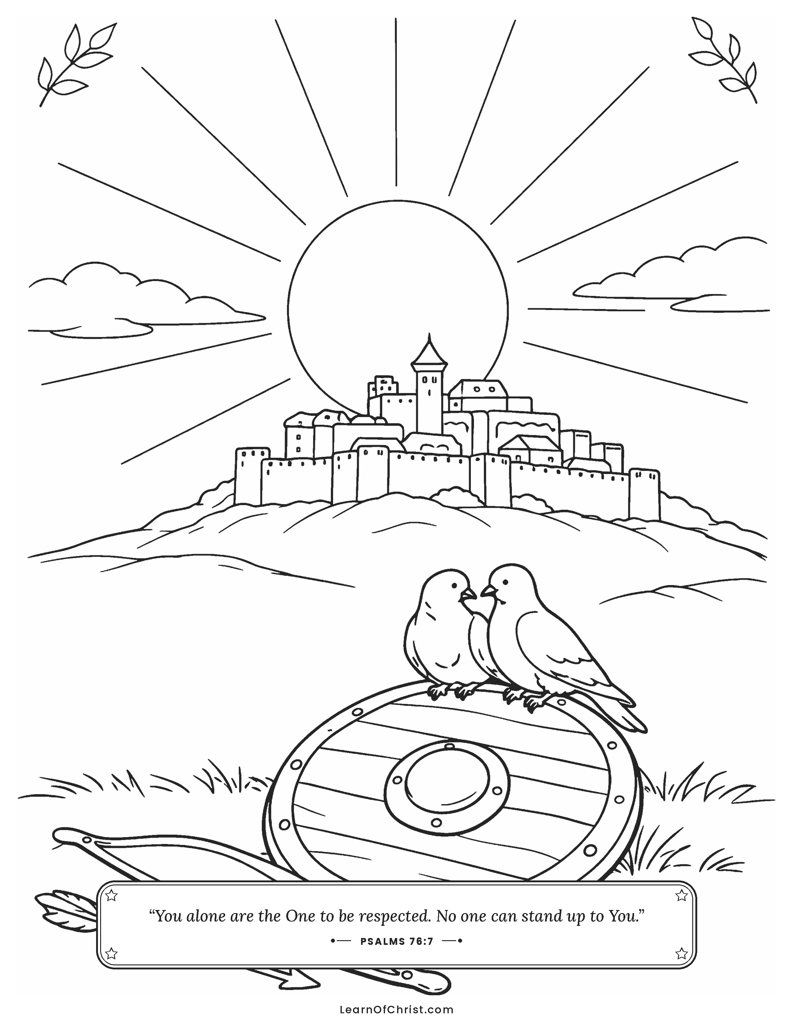 Psalms 76 coloring page - The bow and shield laid down in peace
