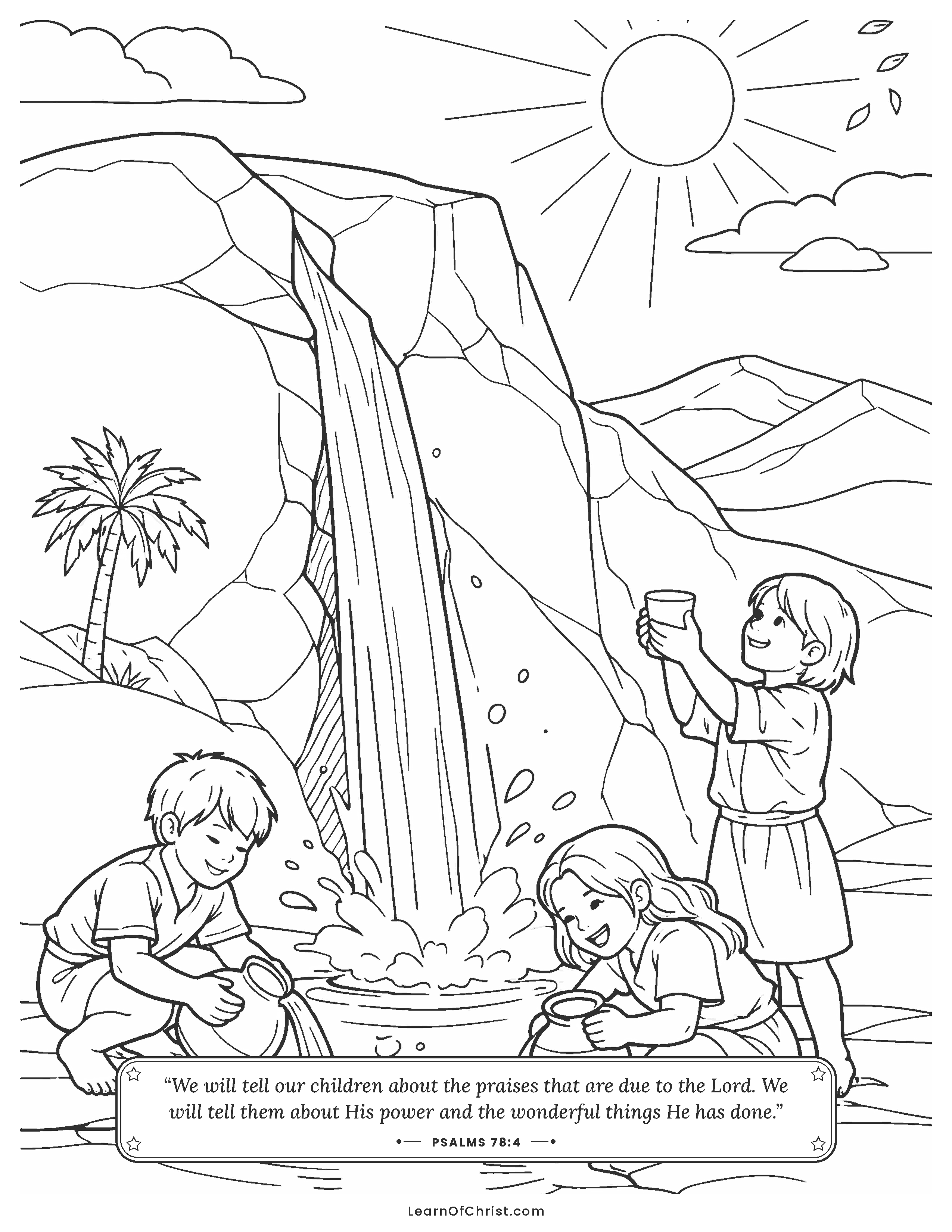 Psalms 78 coloring page - Water pours from the split rock