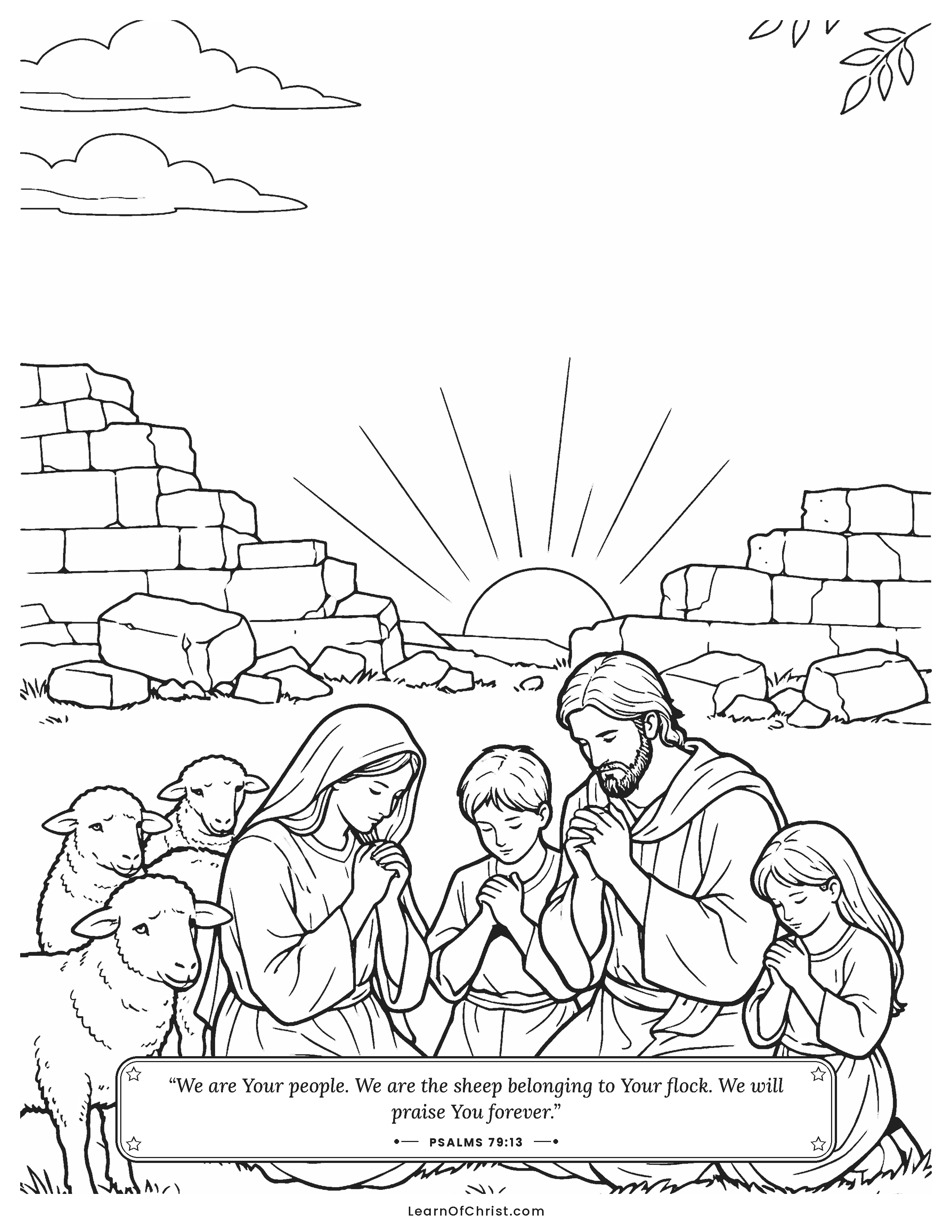 Psalms 79 coloring page - A family prays outside the broken wall