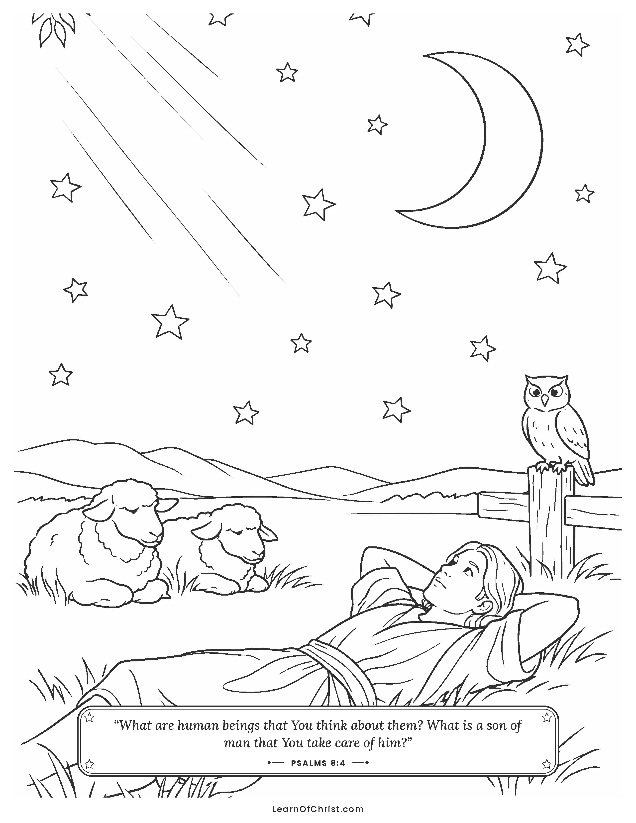 Psalms 8 coloring page - Counting stars in a field at night