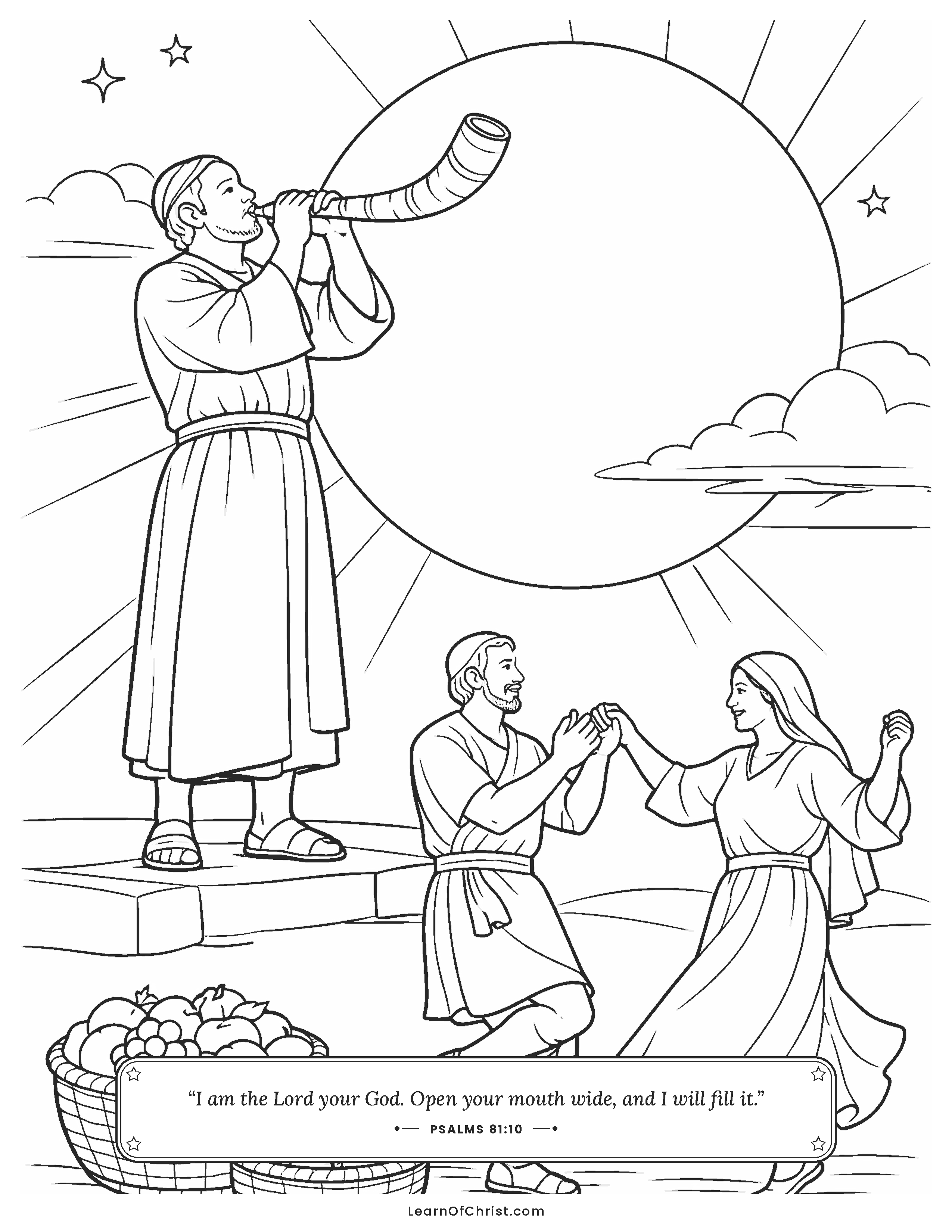 Psalms 81 coloring page - The festival horn under a full moon