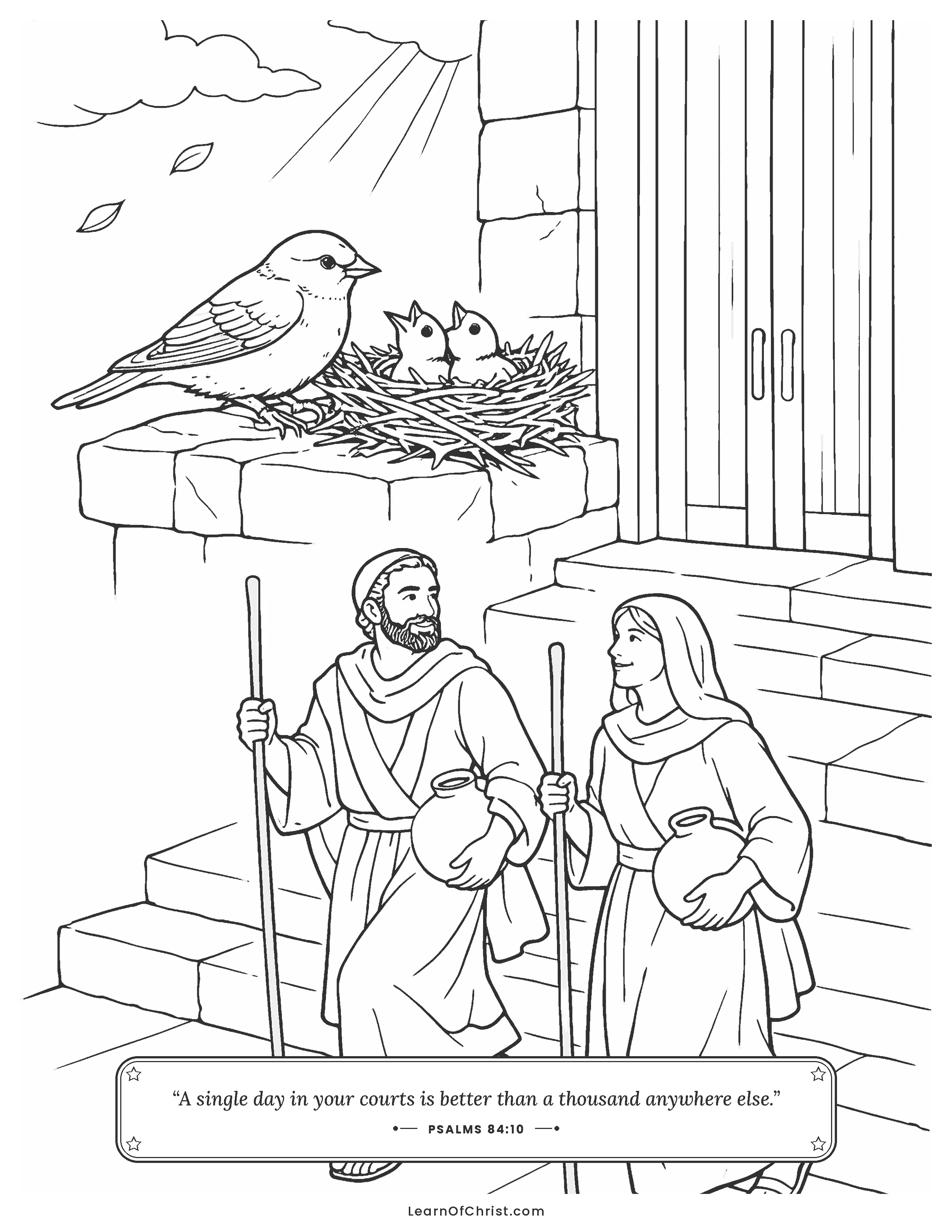 Psalms 84 coloring page - A sparrow nests at God's house