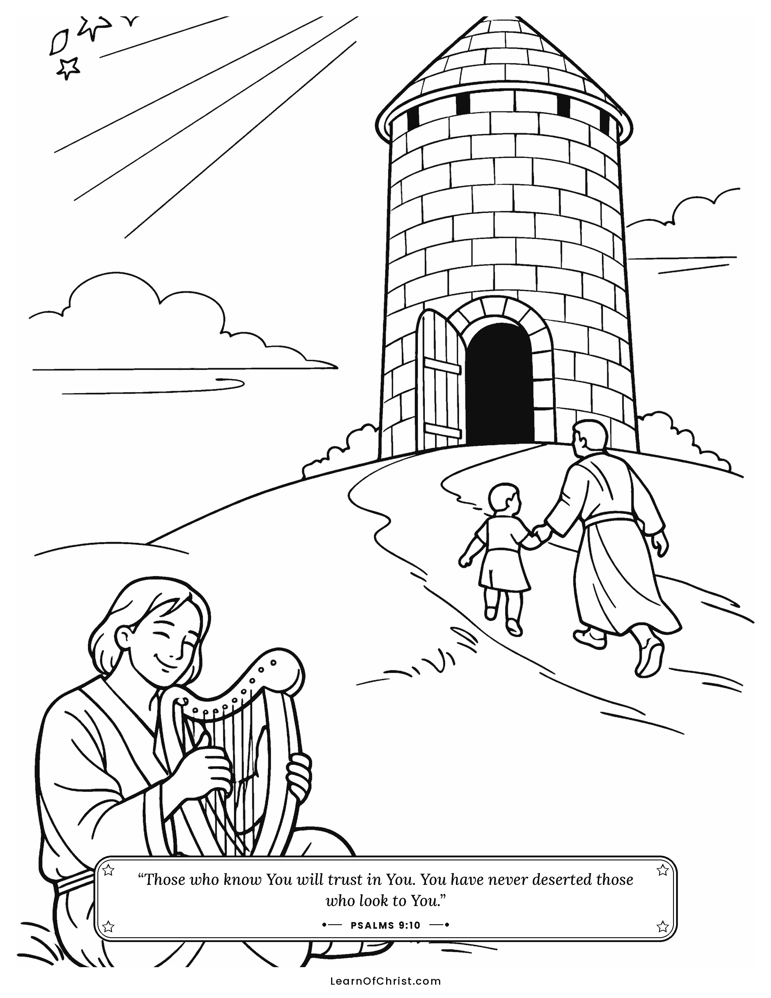 Psalms 9 coloring page - Running to the strong high tower