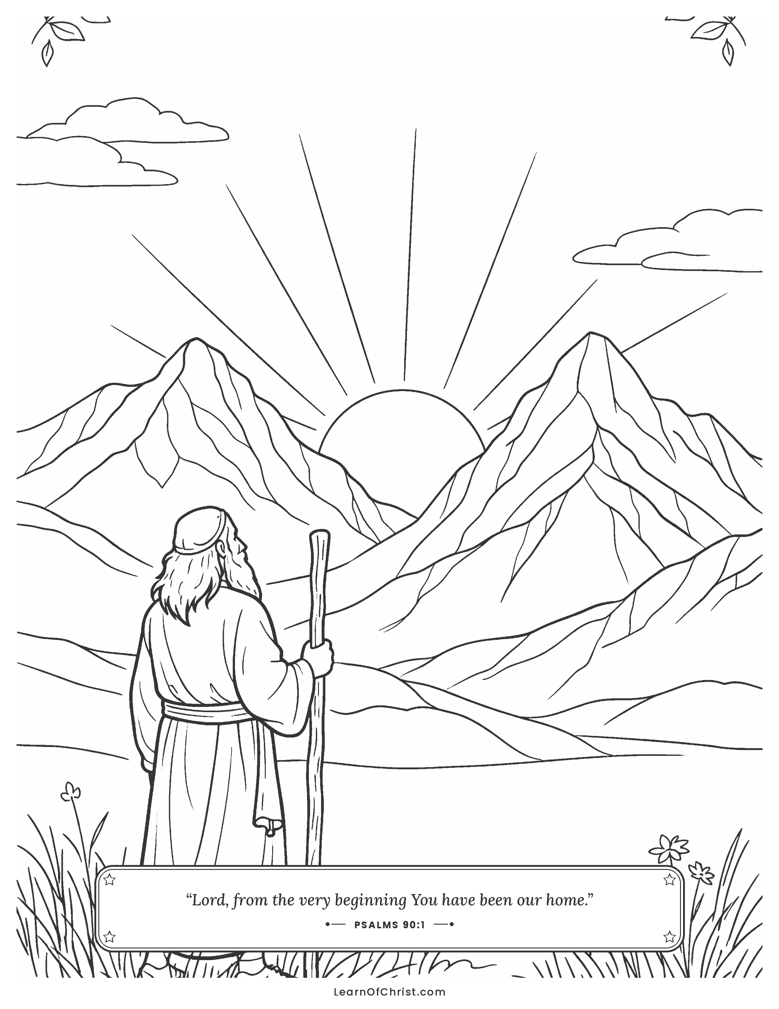 Psalms 90 coloring page - Moses before the ancient mountains