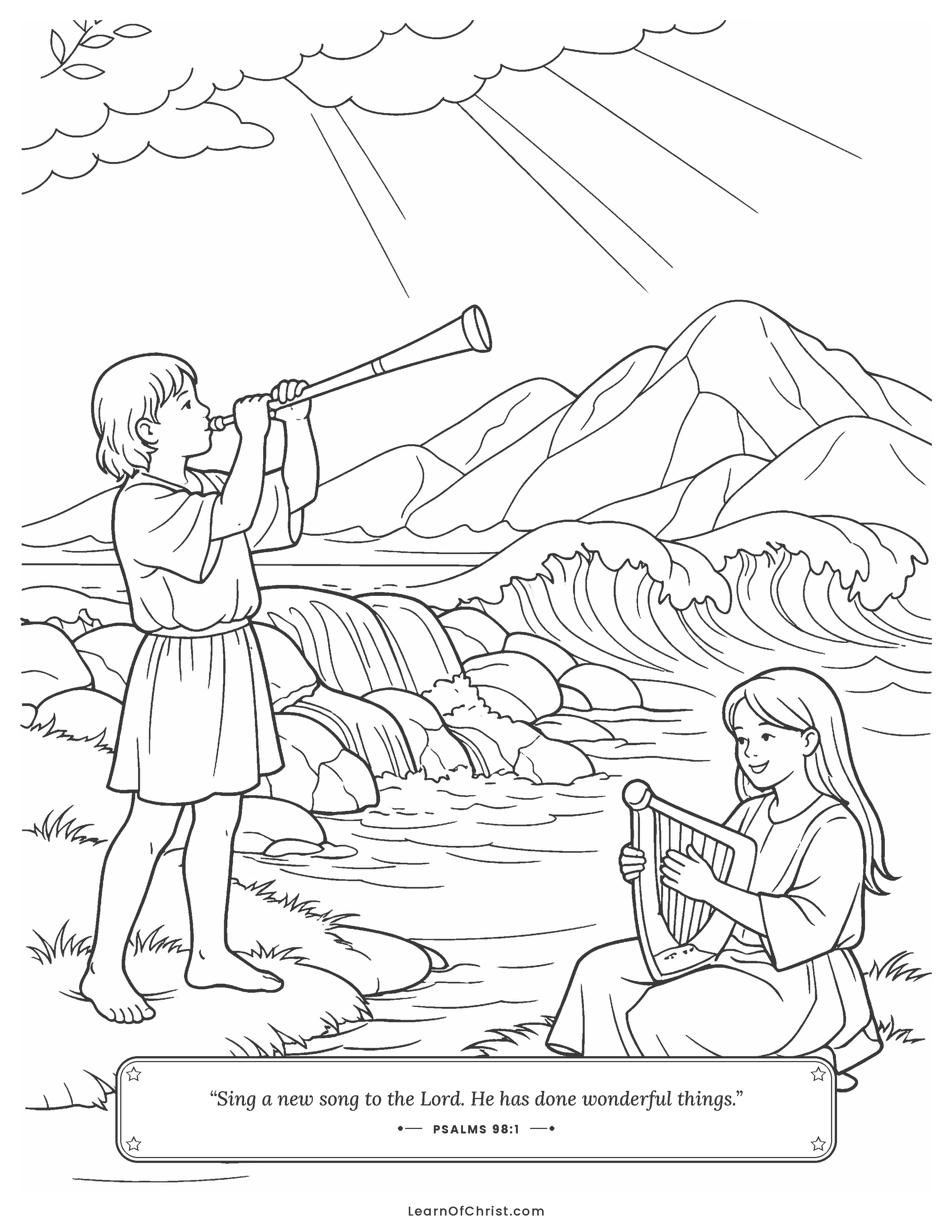 Psalms 98 coloring page - The rivers clap and the mountains sing