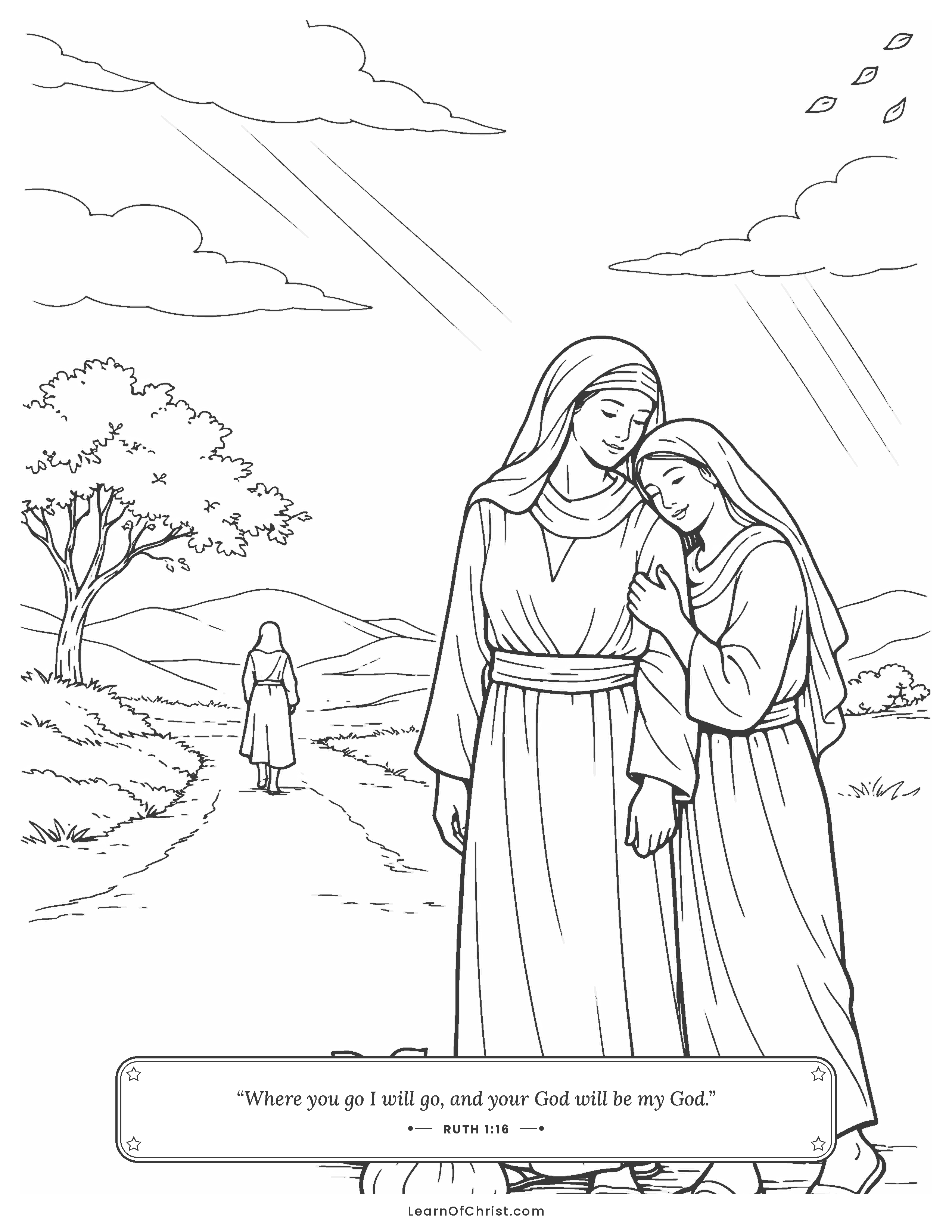 Ruth 1 coloring page - Ruth holds on to Naomi on the road
