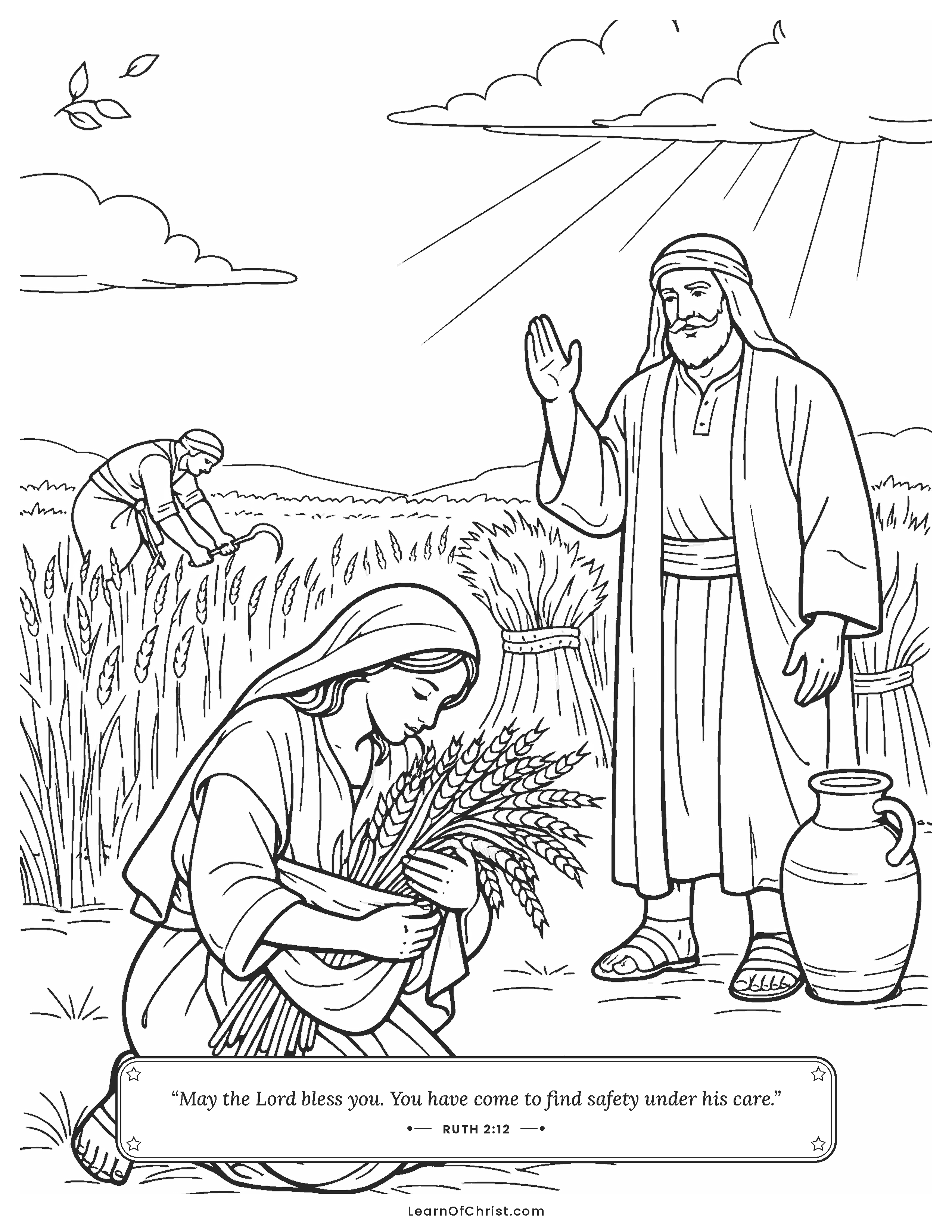 Ruth 2 coloring page - Ruth gathers grain in Boaz's field