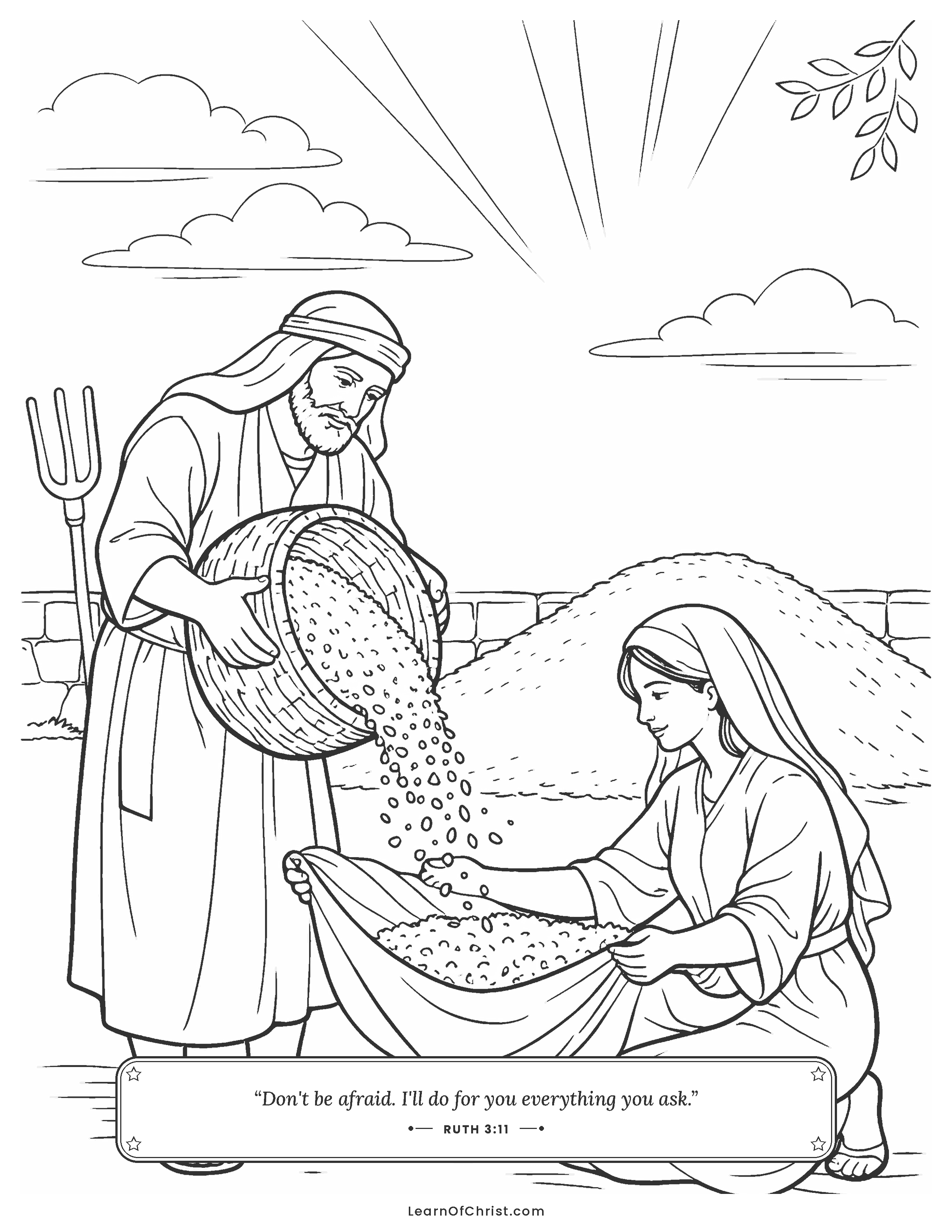Ruth 3 coloring page - Boaz pours barley into Ruth's shawl
