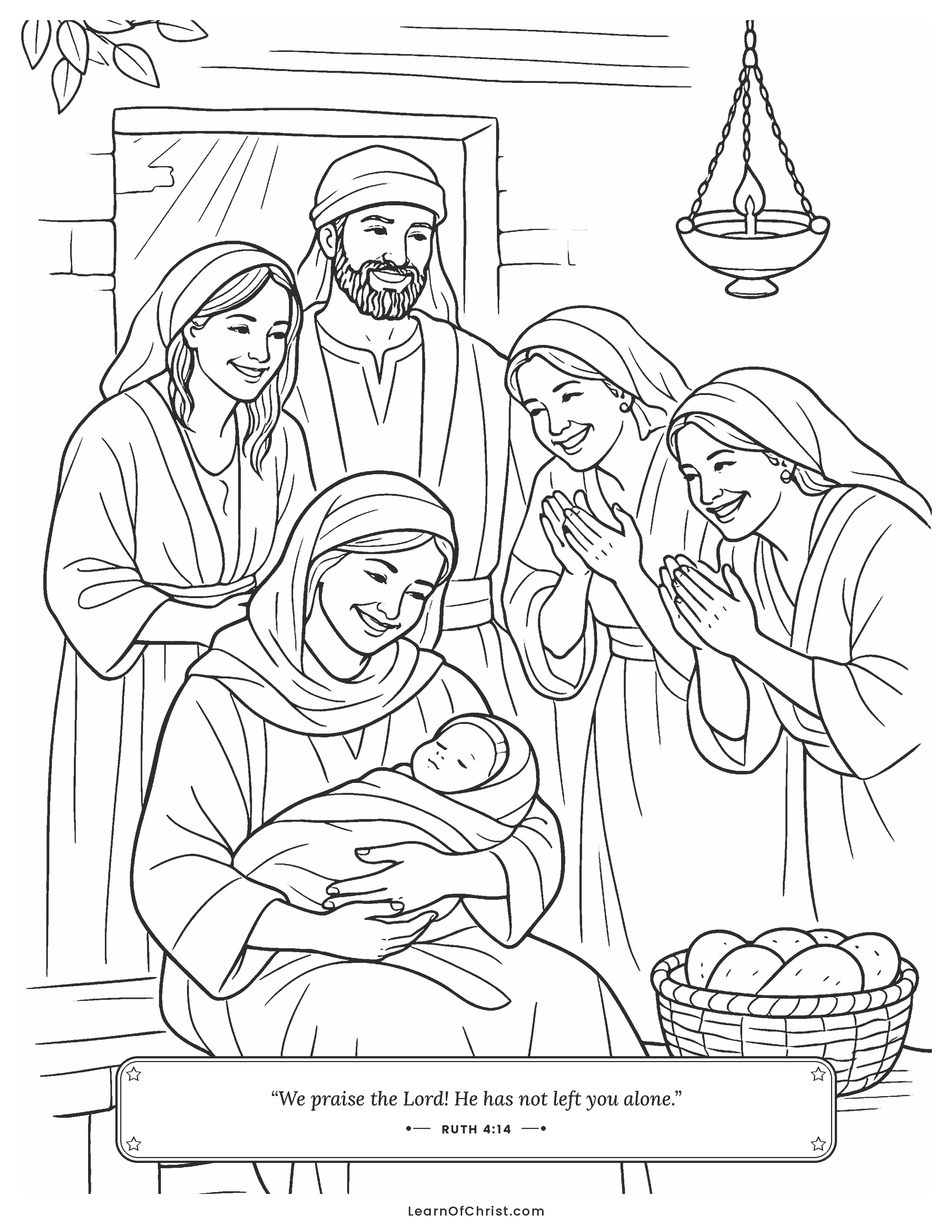 Ruth 4 coloring page - Naomi holds baby Obed with joy