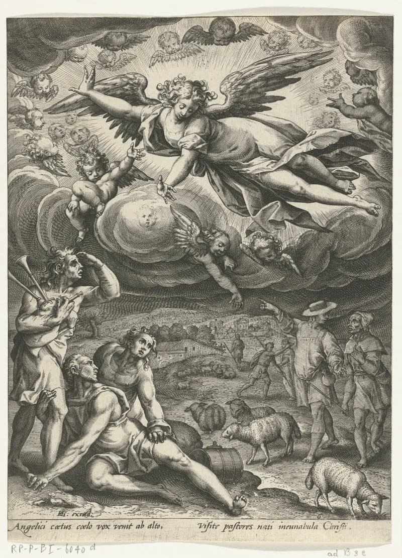 Aankondiging van de geboorte van Christus aan de herders by Adriaen Collaert depicting Luke 2