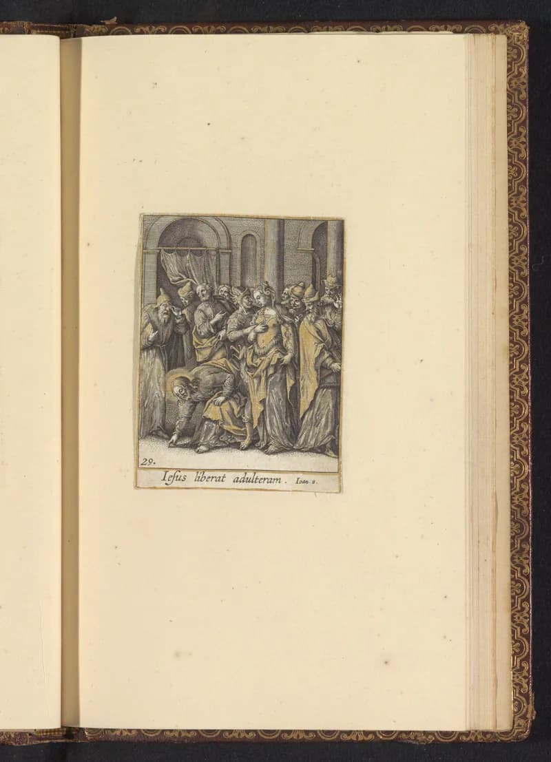 Christus en de overspelige vrouw by Adriaen Collaert depicting John 8