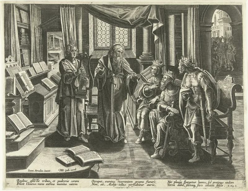 Elisa profeteert voor de koningen van Israël, Juda en Edom by Adriaen Collaert depicting 2 Kings 2