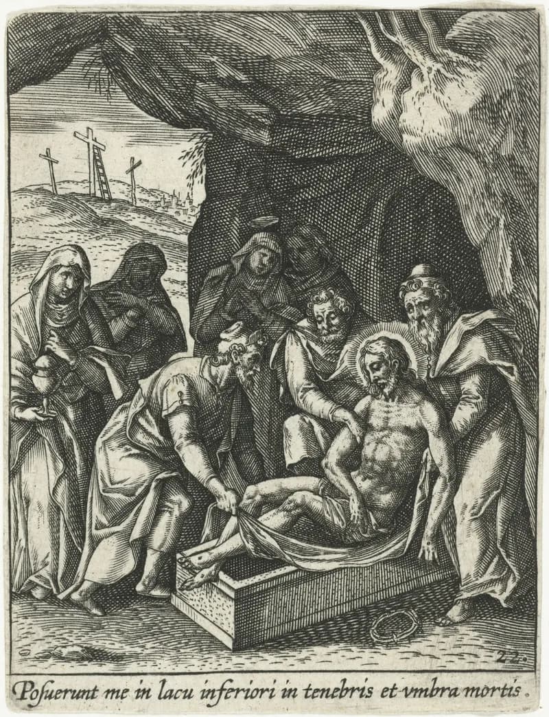 Graflegging van Christus by Adriaen Collaert depicting Matthew 27