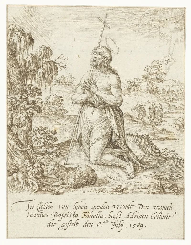 Johannes de Doper geknield in gebed by Adriaen Collaert depicting Matthew 3