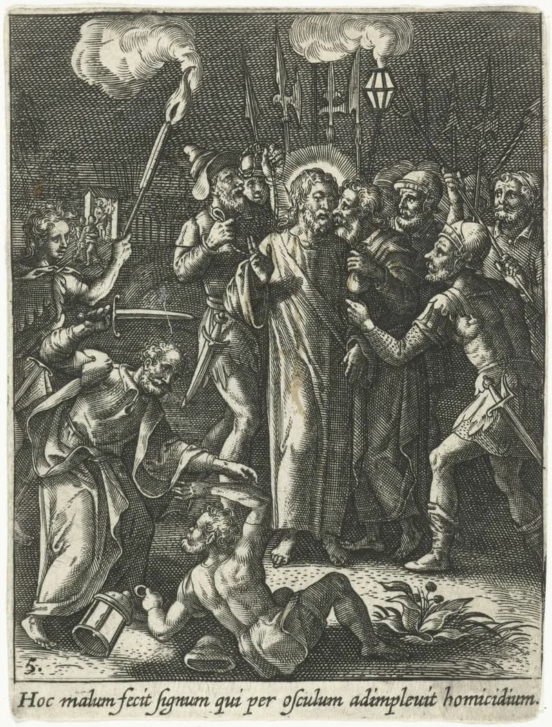 Judaskus en arrestatie van Christus by Adriaen Collaert depicting Matthew 26