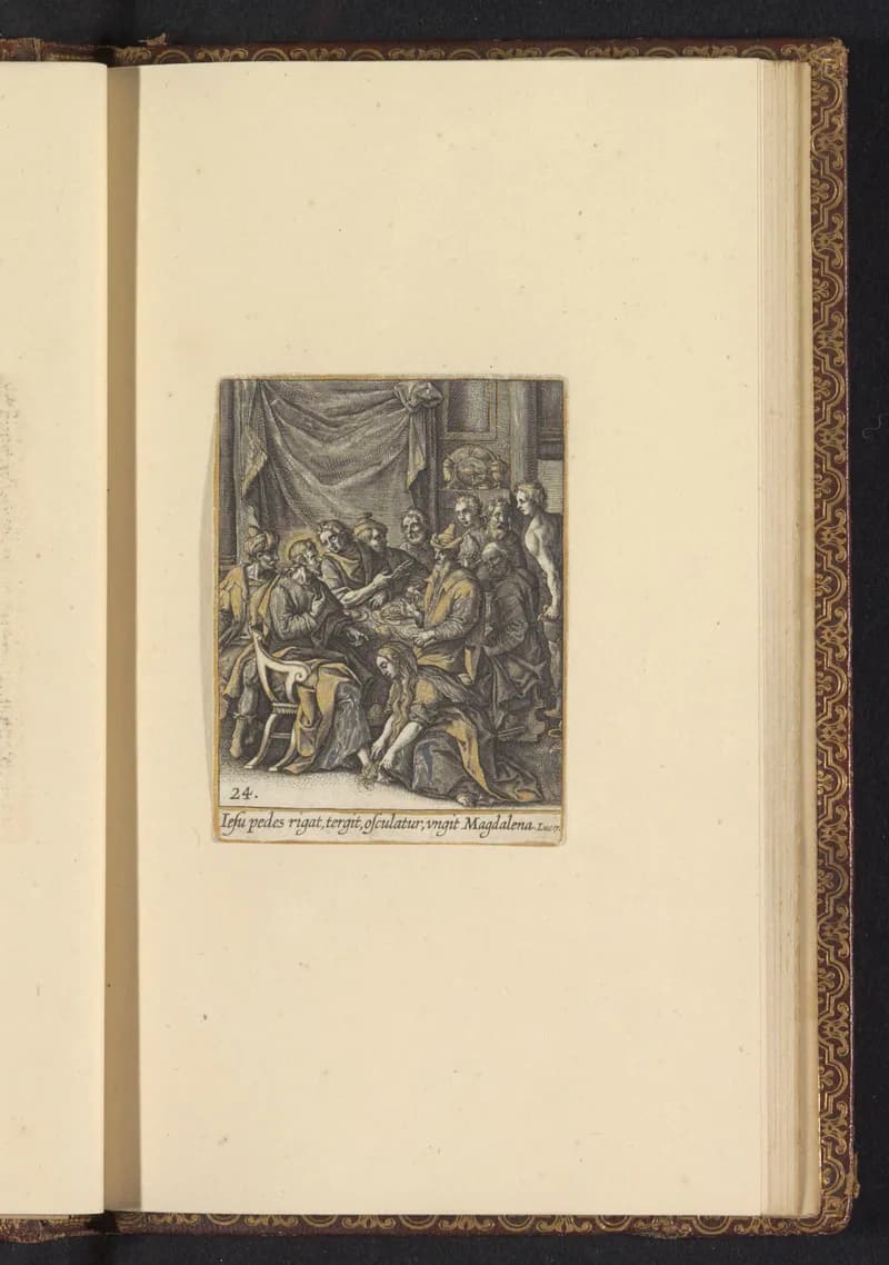 Maria Magdalena zalft de voeten van Christus by Adriaen Collaert depicting Luke 7