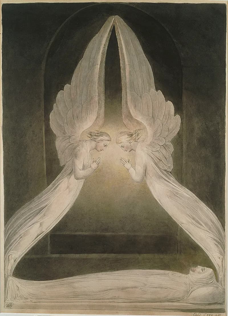 Christ in the Sepulchre, Guarded by Angels by William Blake depicting Matthew 27:62