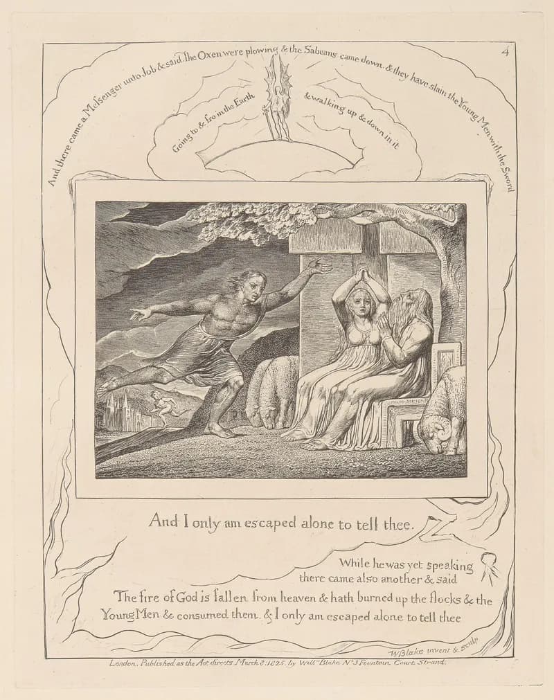 The Messengers Tell Job of His Misfortunes by William Blake depicting Job 1:14