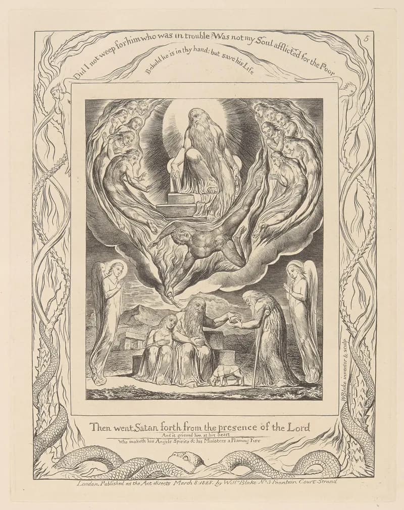 Satan Going Forth from the Presence of the Lord and Job's Charity by William Blake depicting Job 2:1
