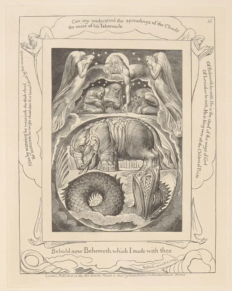 Behemoth and Leviathan by William Blake depicting Job 40:15