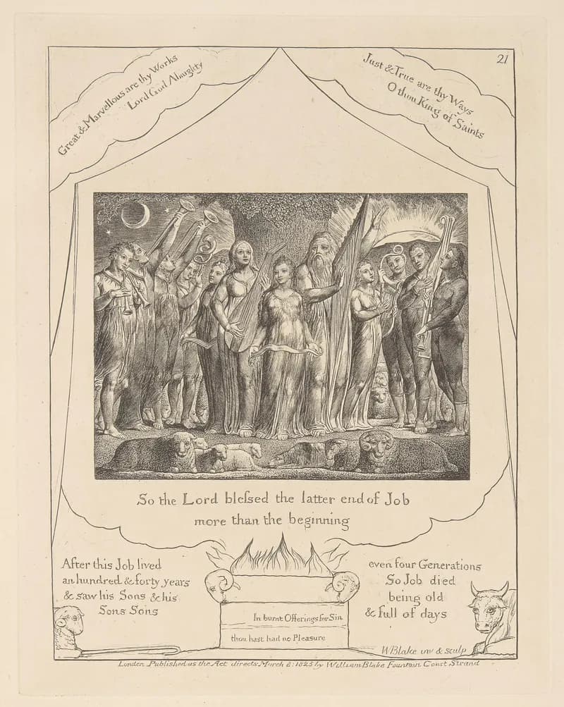 Job and His Family Restored to Prosperity by William Blake depicting Job 42:12