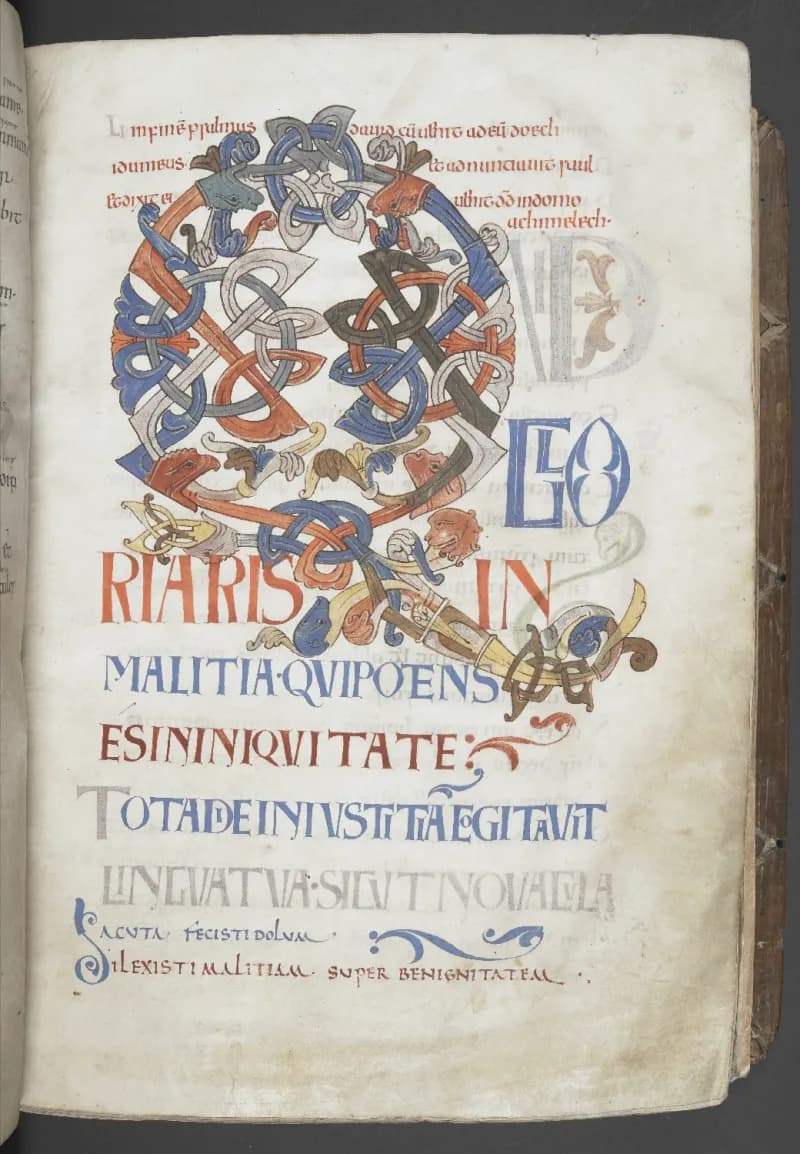 Bosworth Psalter, Quid Gloriaris (fol. 33r) by Master of the Bosworth Psalter depicting Psalms 52:1