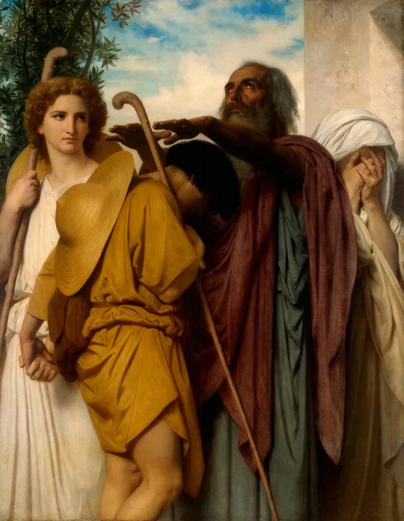 Tobias Saying Good-bye to His Father by William-Adolphe Bouguereau depicting Tobit 5:17