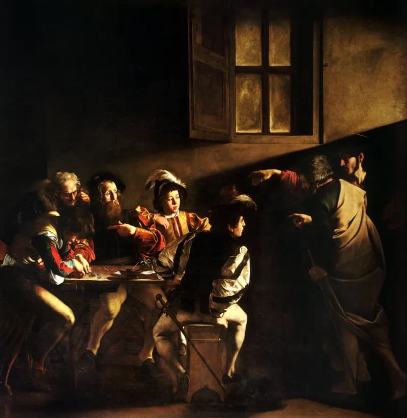 The Calling of Saint Matthew by Michelangelo Merisi da Caravaggio depicting Matthew 9:9