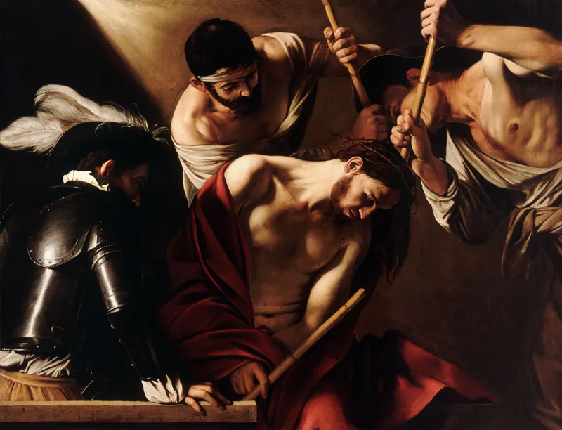 The Crowning with Thorns by Michelangelo Merisi da Caravaggio depicting Matthew 27:29
