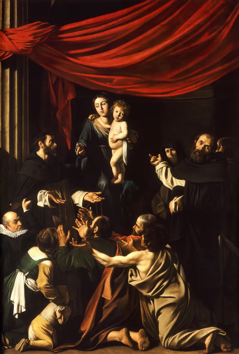 Madonna of the Rosary by Michelangelo Merisi da Caravaggio depicting Luke 1:48