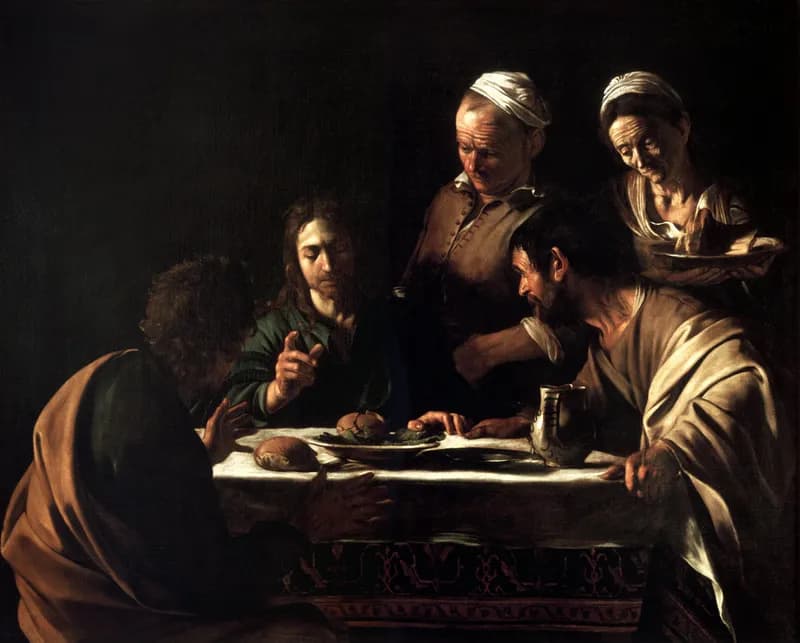 Supper at Emmaus (Brera) by Michelangelo Merisi da Caravaggio depicting Luke 24:30