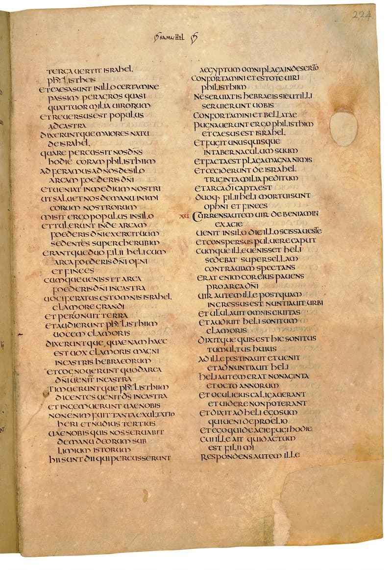 Codex Amiatinus, 2 Samuel 19 (canvas 445) by Master of the Codex Amiatinus (Monkwearmouth-Jarrow scriptorium) depicting 2 Samuel 19