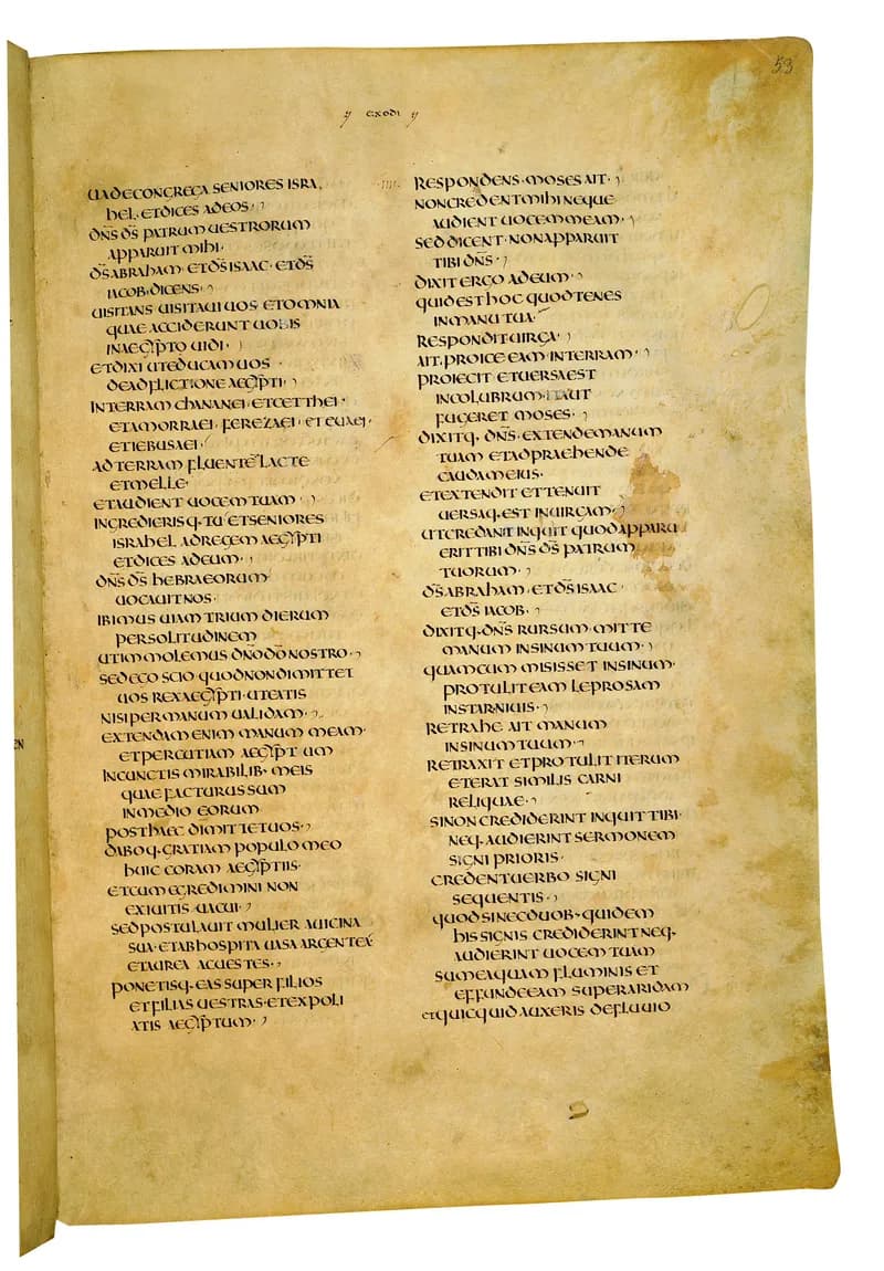 Codex Amiatinus, Exodus 15 (canvas 103) by Master of the Codex Amiatinus (Monkwearmouth-Jarrow scriptorium) depicting Exodus 15