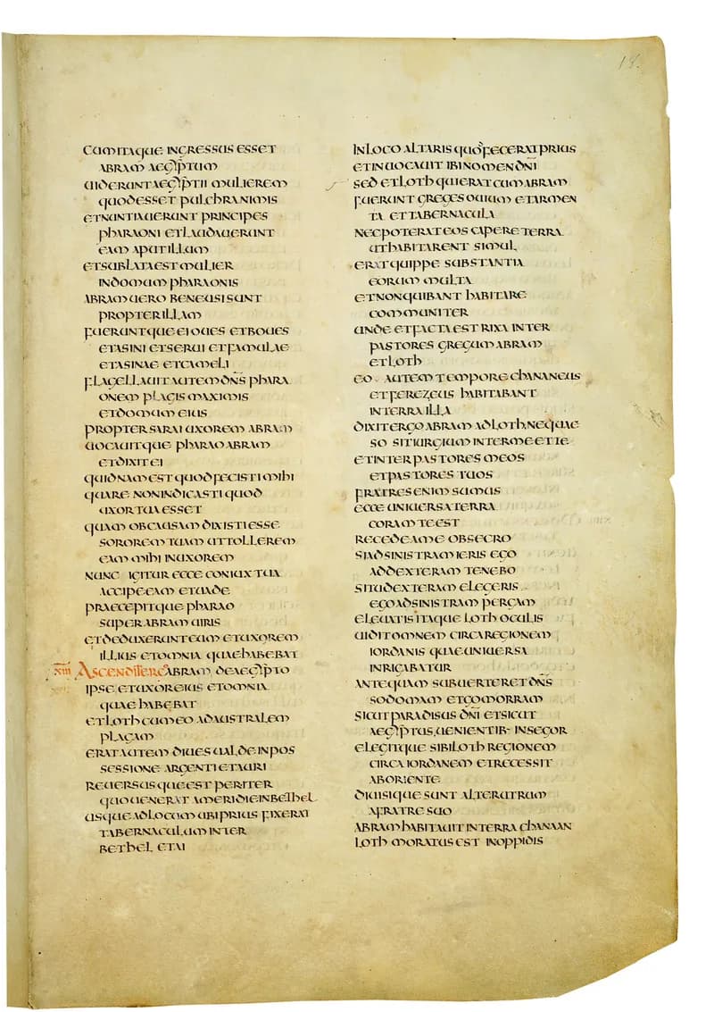 Codex Amiatinus, Genesis 20 (canvas 33) by Master of the Codex Amiatinus (Monkwearmouth-Jarrow scriptorium) depicting Genesis 20