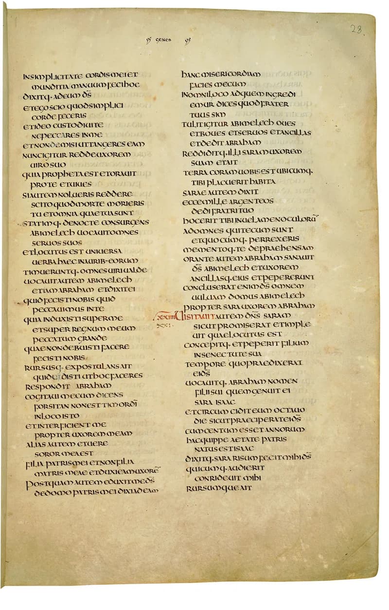 Codex Amiatinus, Genesis 26 (canvas 43) by Master of the Codex Amiatinus (Monkwearmouth-Jarrow scriptorium) depicting Genesis 26