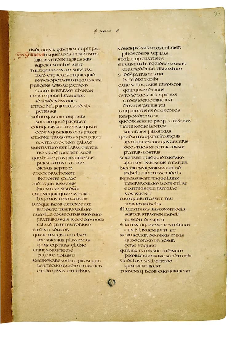 Codex Amiatinus, Genesis 39 (canvas 63) by Master of the Codex Amiatinus (Monkwearmouth-Jarrow scriptorium) depicting Genesis 39