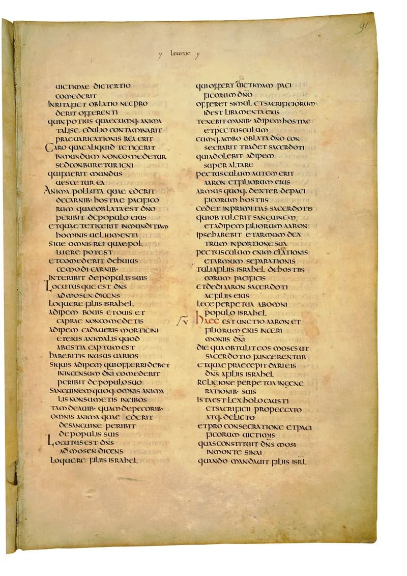 Codex Amiatinus, Leviticus 24 (canvas 179) by Master of the Codex Amiatinus (Monkwearmouth-Jarrow scriptorium) depicting Leviticus 24