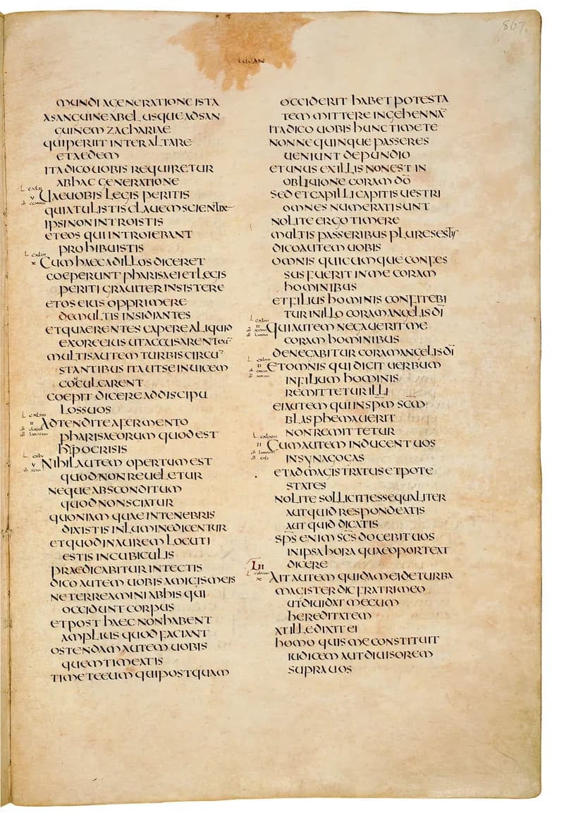 Codex Amiatinus, Luke 7 (canvas 1731) by Master of the Codex Amiatinus (Monkwearmouth-Jarrow scriptorium) depicting Luke 7