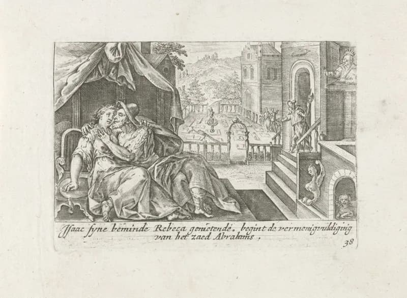 Abimelech bespiedt Isaak en Rebekka by Crispijn van de Passe depicting Genesis 26