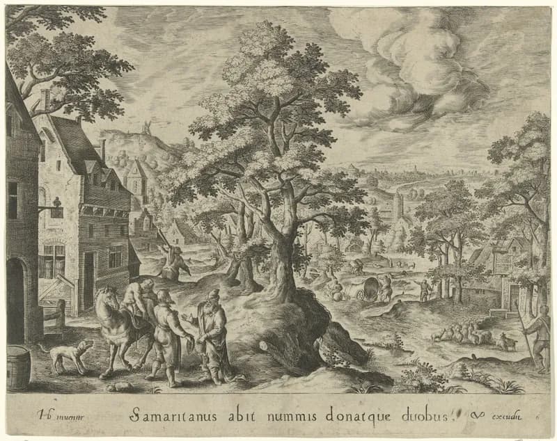 De barmhartige Samaritaan zet de gewonde reiziger bij een herberg af by Crispijn van de Passe depicting Luke 10