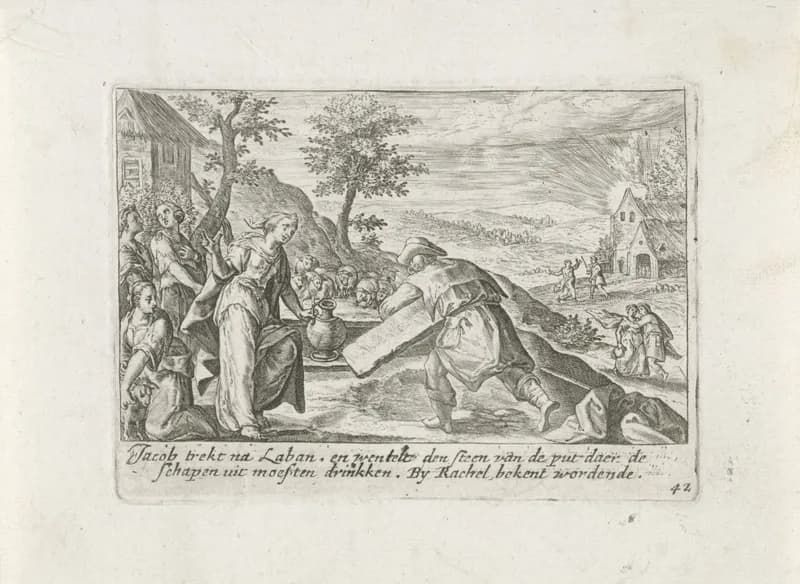 De ontmoeting van Jakob en Rachel bij de waterput by Crispijn van de Passe depicting Genesis 29