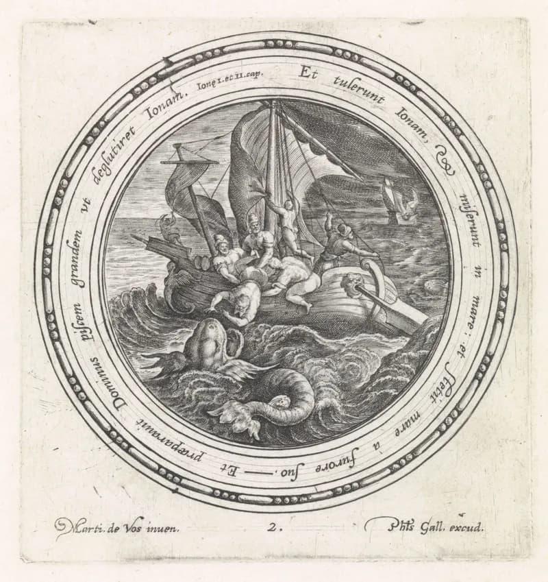 Jona wordt door de zeelieden overboord gegooid by Crispijn van de Passe depicting Jonah 2