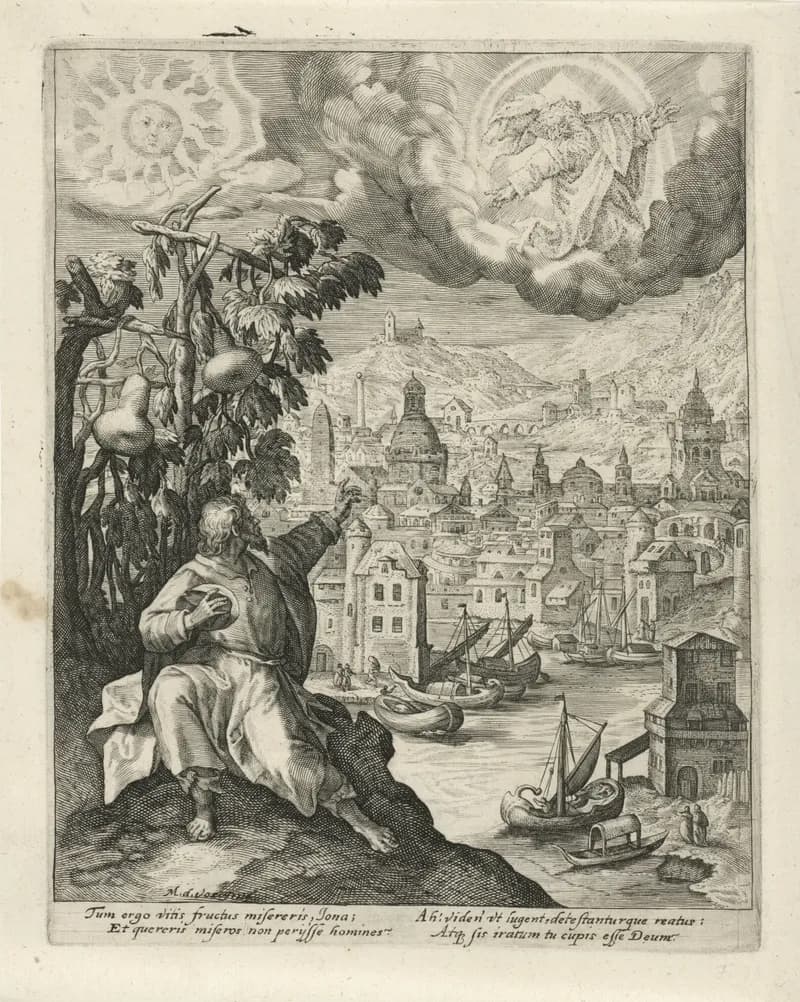 Jona zit onder de wonderboom by Crispijn van de Passe depicting Jonah 2